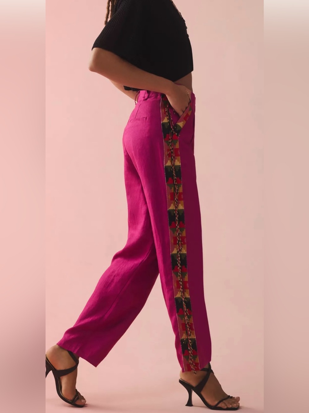 Farm Rio carrot beaded fringe linen pants Fuchsia size Small